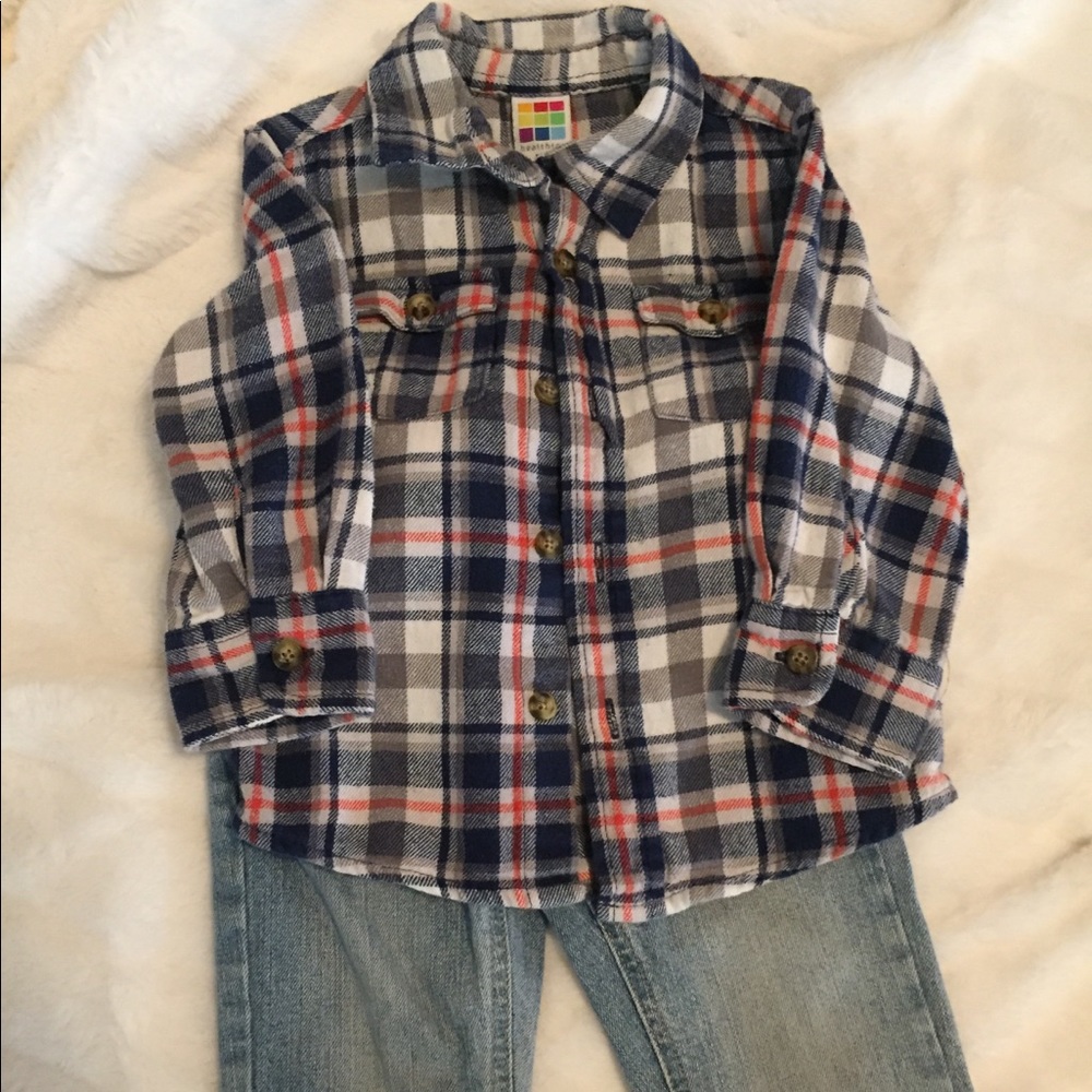 Boys plaid top and blue jeans - size 18months